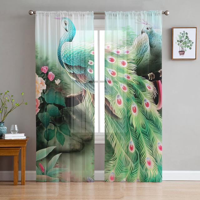 Peacock Feathers Green Curtain Window Tulle For Living Room Bedroom Kitchen Chiffon Sheer Window Treatment Decorations