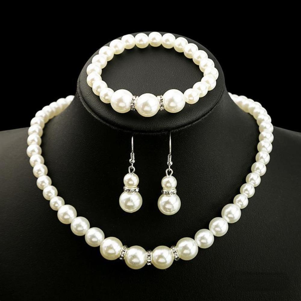 Shiny Earrings Necklace Bracelet Set Simulated Pearl Bridal Jewelry Accessories  Banquet
