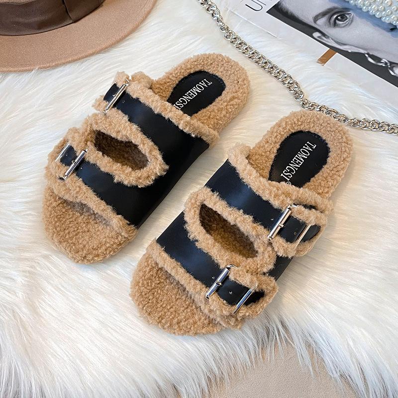 

Grape Mom Studiolee Warm Sister~ One-word button lamb wool piled thick-bottomed fluffy slippers outer wear women 42 чёрный