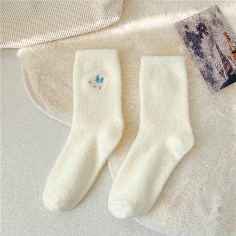 Women's Fluffy Fleece-Lined Mid-Calf Socks - Japanese-Style Cartoon Embroidery