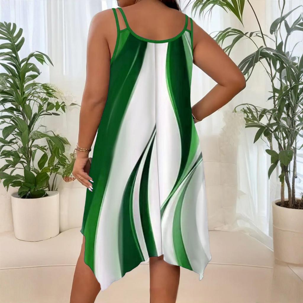 Women's Loose Casual Printed Summer Asymmetric Hem Round Neck Dress