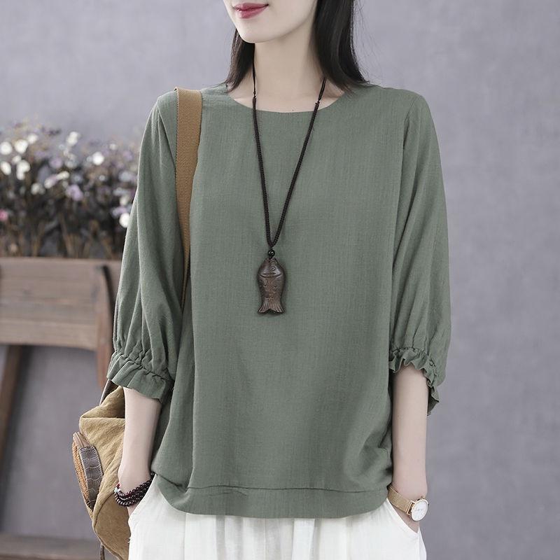 Pullovers Tops Women Solid Color Blouse Oversized Loose Cropped Sleeve Shirt Slim Pullover Tops