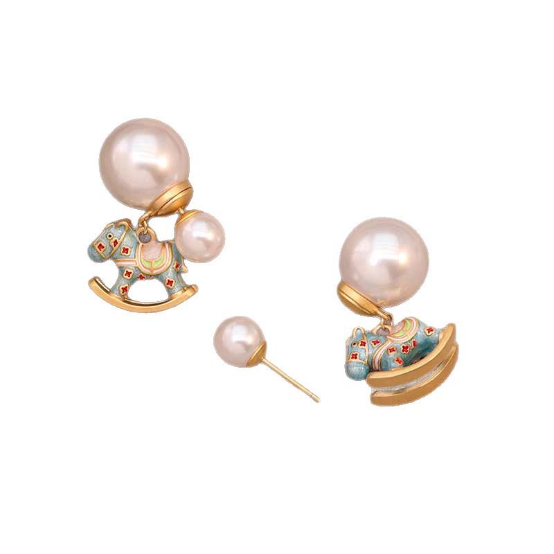 Silver Needle Drop Oil Cartoon Horse Pearl Stud Earrings for Women - Retro Contrast Color, Perfect for the Year of the Horse.