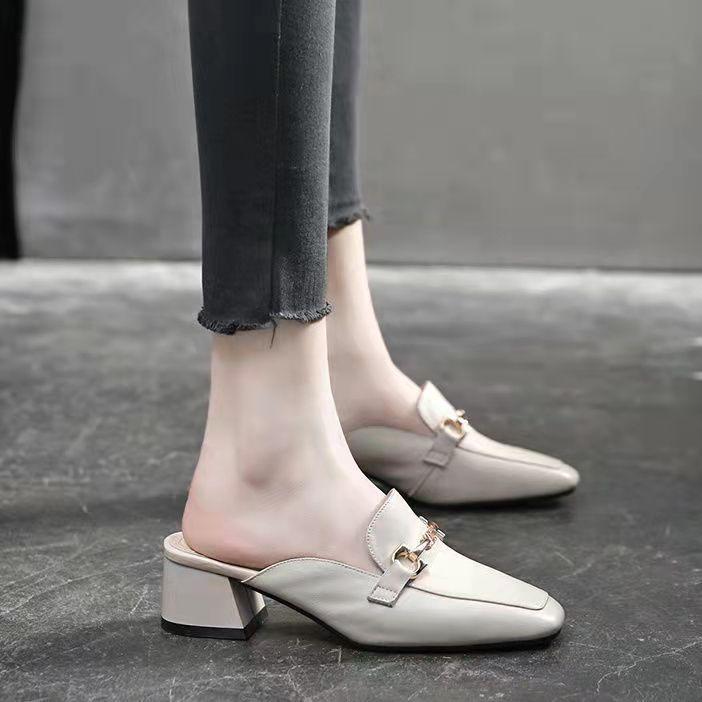 Baotou Half Slippers Women's Outer Wear 2025 Summer New Thick Heel Cool Slippers Muller Shoes Mid Heel Square Head Retro Single Shoes
