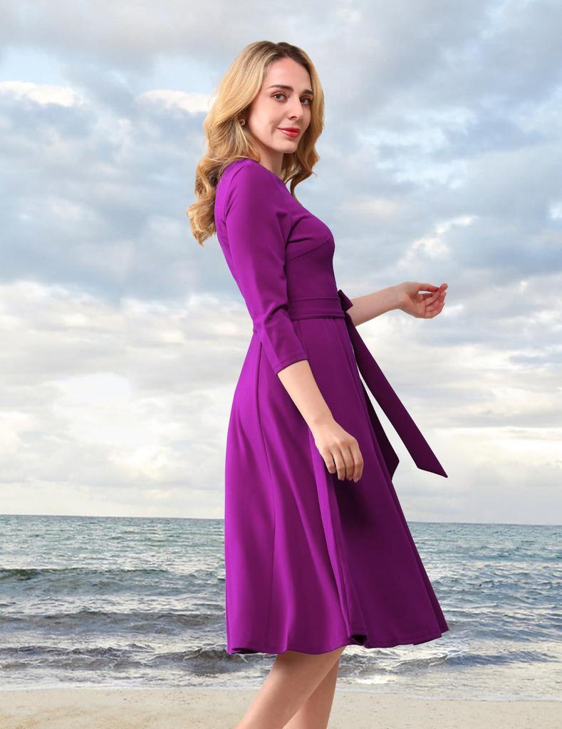 Garden Collar Seven-Sleeve Women's Evening Gown with Wide Hem Skirt - Solid Color Vacation Dress