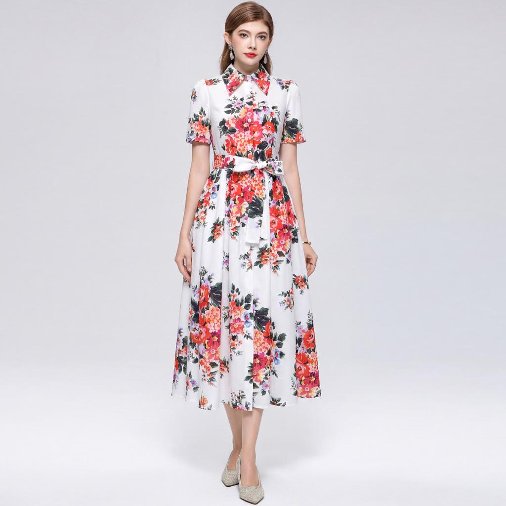 Elegant Gorgeous Flower Print Shirt Dress Women Summer Short Sleeve Collar Midi Dress with Sash Belt Vintage Style Party Wear