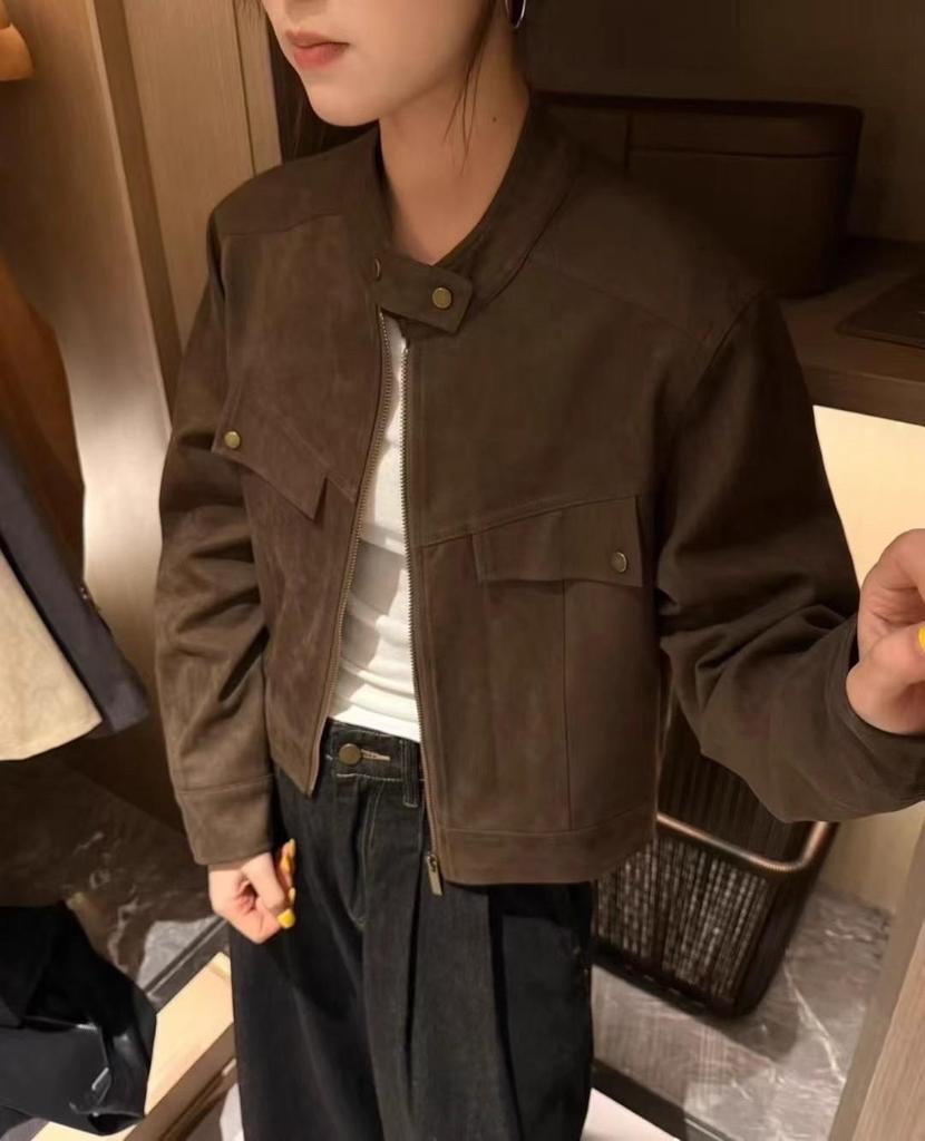 Women's Autumn 2025 Brown Petite Melange Suede Velvet Long Sleeve Short Jacket