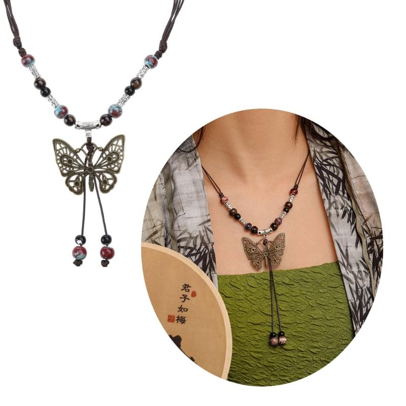 Vintage Wax Rope Handmade Ceramics Beads Butterfly Pendant Necklace For Lovers Women Sweater Chain Aesthetic Jewelry