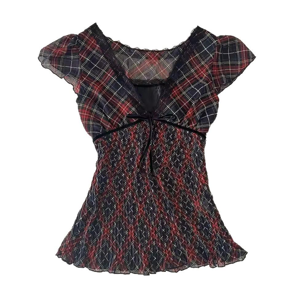 Y2K French V-neck Retro Summer Short Sleeve Women's Top