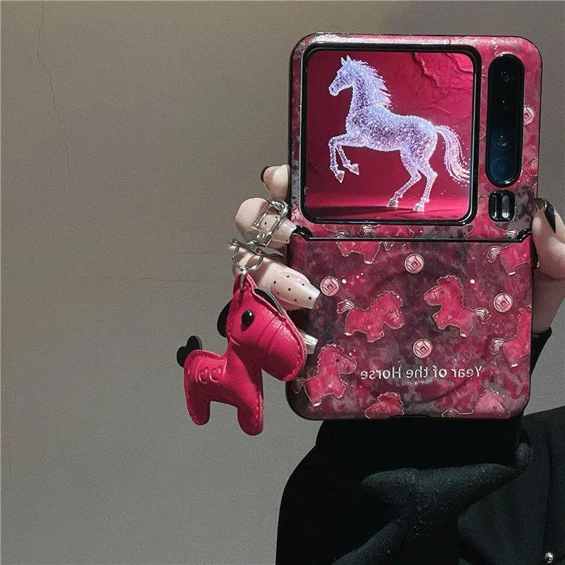 Custodia Magnetica Vintage con Motivo Cavallo Rosso per Samsung Z Flip 7 ZFlip6 5 4 Oppo find n2 n3flip/Xiaomi mix flip Cover in Pelle