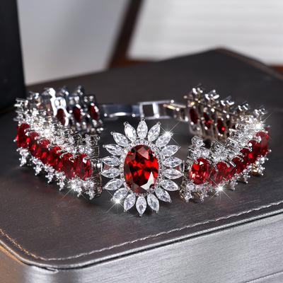Red Zircon Stone Oval Sunflower Bracelet for Women Luxury Cute Silver Color Adjustable Wedding Jewelry
