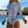 Women Long Sleeve One Piece Swimsuit Zip Front  Plant  Print Rash Guard Surfing Bathing Suit