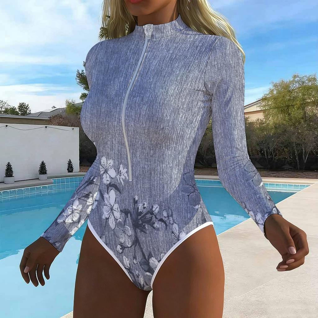 Women Long Sleeve One Piece Swimsuit Zip Front Plant Print Rash Guard Surfing Bathing Suit