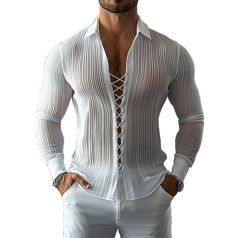 Autumn and Winter European and American Men's Lapel Strap Design Shirt Hollow Ascetic Style Textured Men's Shirt