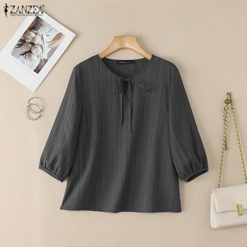 ZANZEA Women Casual Round Neck 3/4 Sleeve Loose Blouse