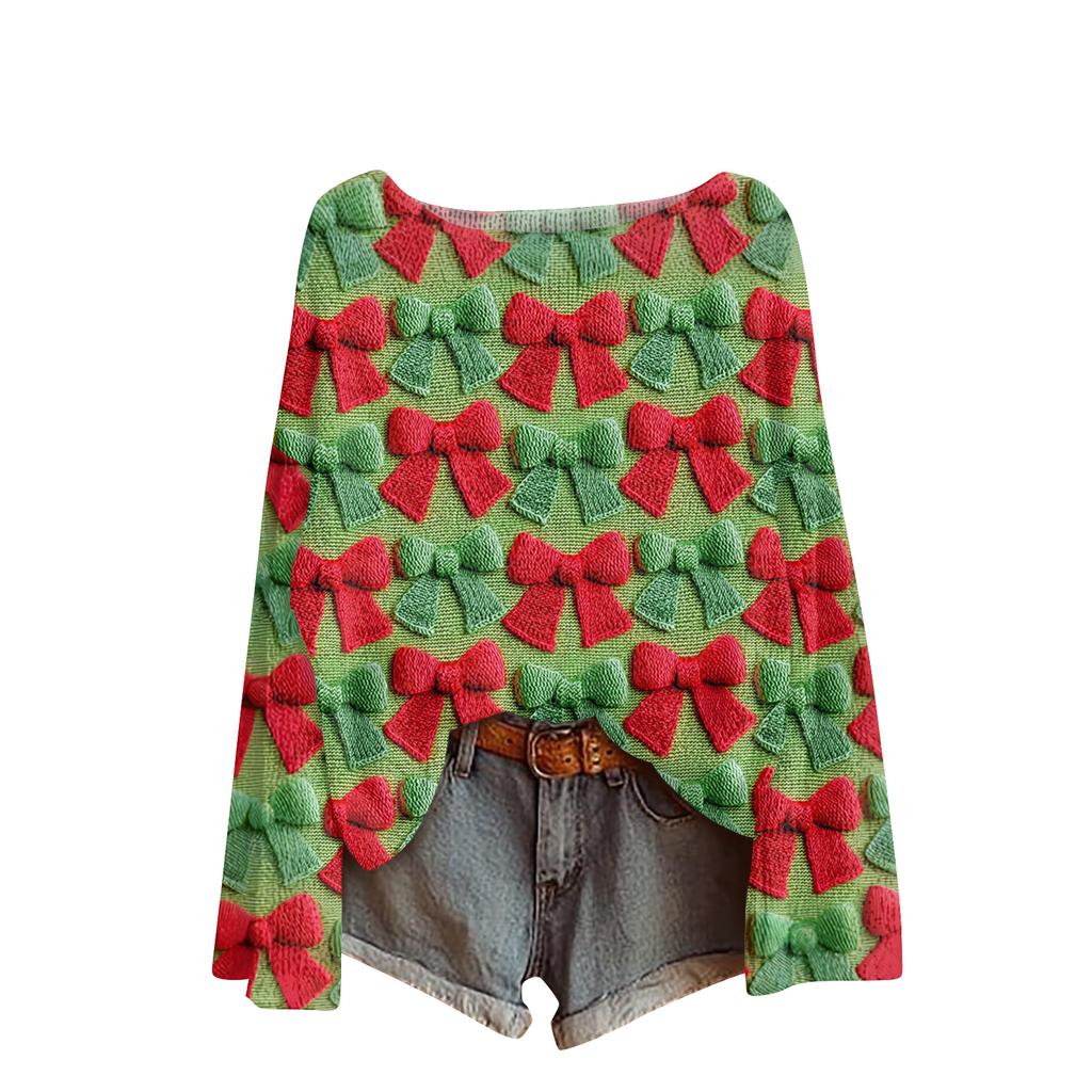 Ladies' Fashionable Casual Long Sleeved Christmas Printed Round Neck Knitted Yarn