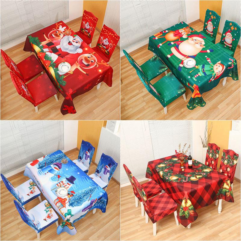 Christmas Cartoon Chair Covers And Tablecloths Set With Elastic Fit For Holiday Home Decor