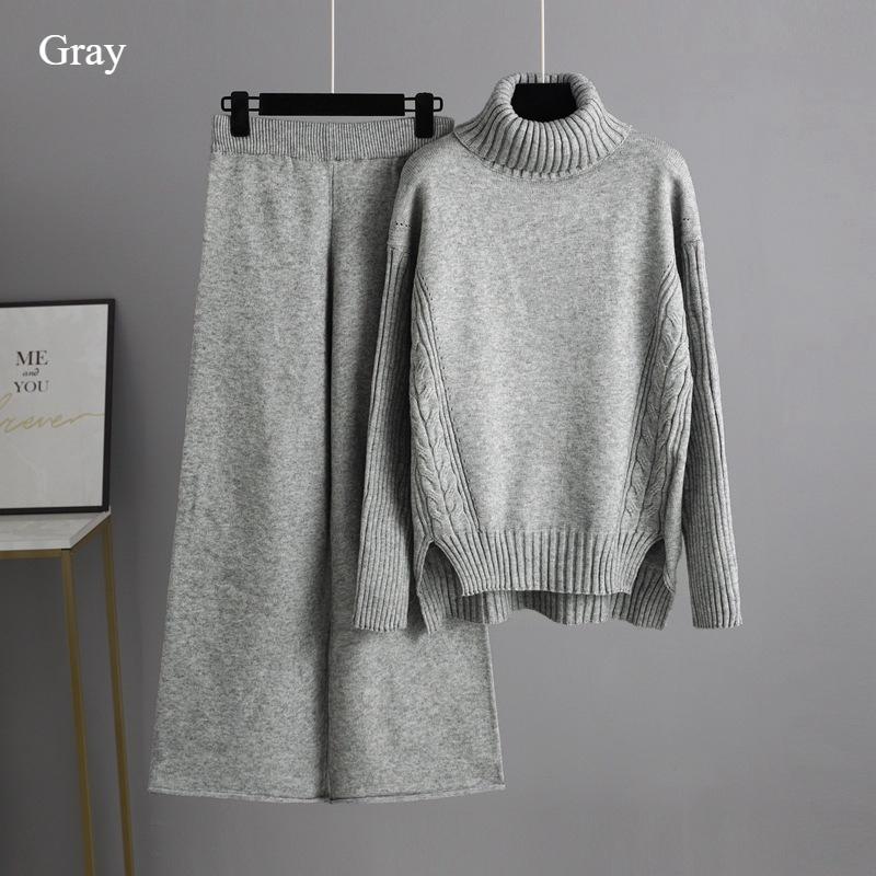 Autumn and Winter New Sweater 2piece Set for Women Lazy Style Loose High-neck Suit for Women Fashionable Casual Wide-leg Pants