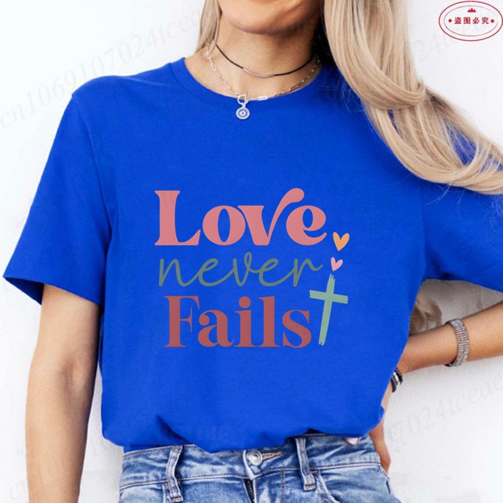 

Women s Christian Faith T-Shirt Love Never Fails Retro Color Block Cross Print Tee Casual Short Sleeve O Neck Tops for Church XXS