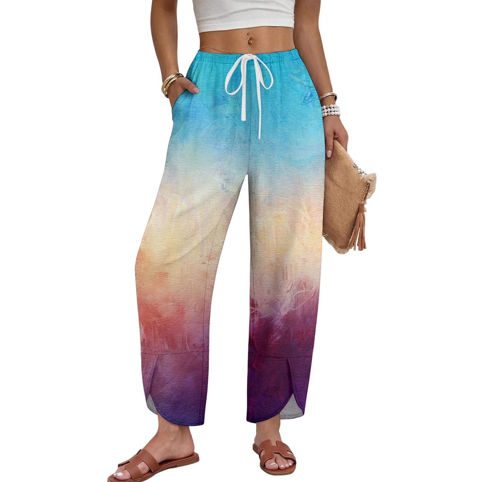 Women s Casual Wide Leg Pants with Drawstring, Tie- Gradient Print L