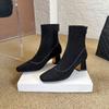 Sewing line rear zipper temperament square head cashmere high heel short boots women's autumn and winter thick heel thin boots