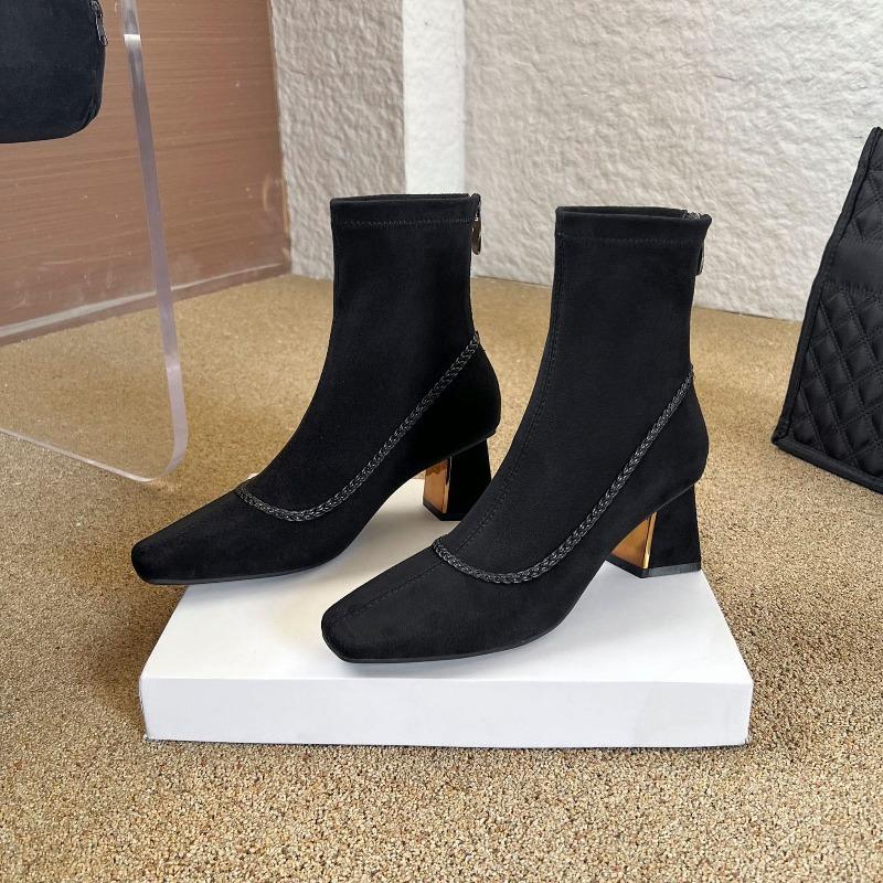 

Швейная линия задняя молния темперамент квадратный носок кашемир высокие каблуки короткие сапоги женские осенние и зимние толстый каблук тонкие сапоги 35