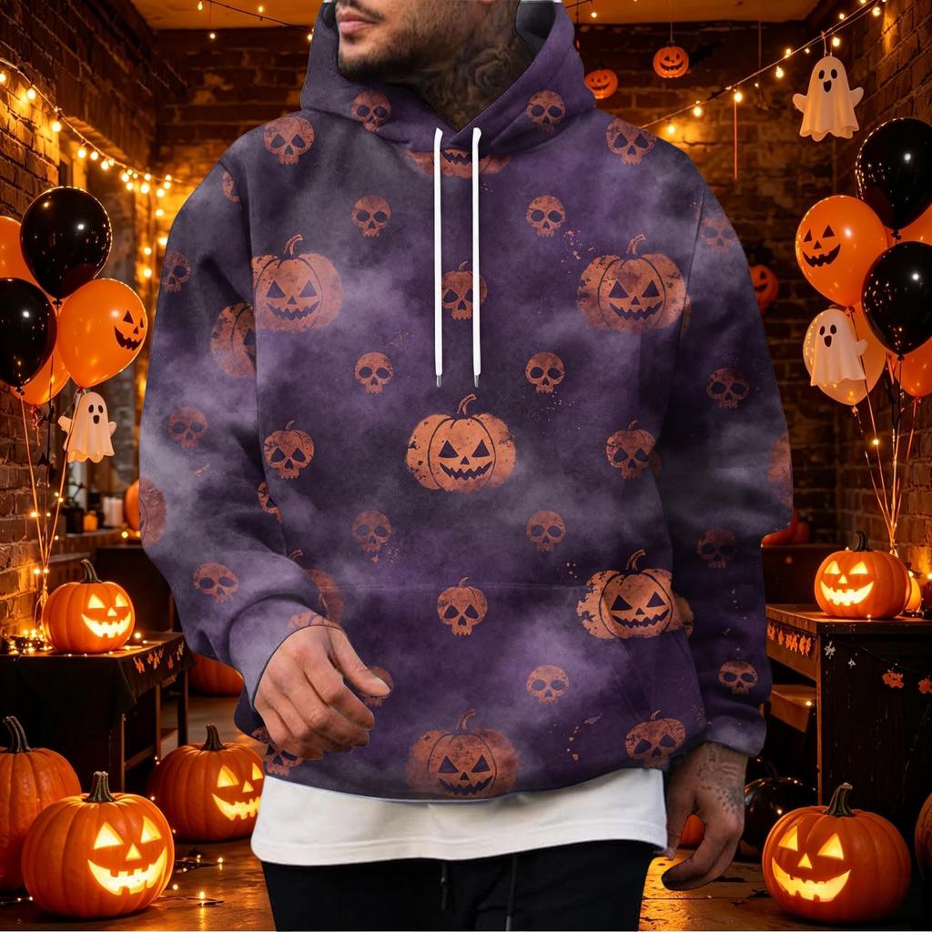 Men's Halloween Print Pullover Hoodie with Single Pocket for Holiday Celebration
