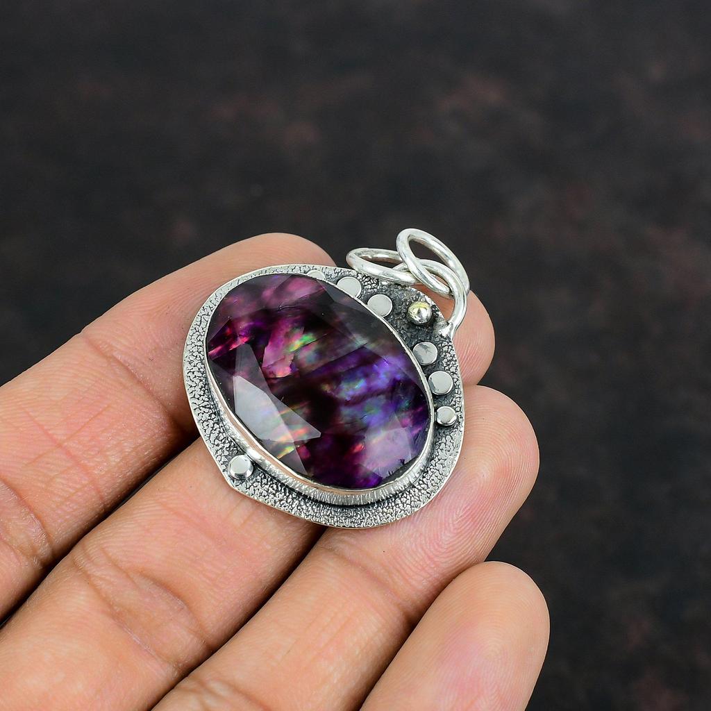 Faceted Ammolite Pendant Original Gemstone Pendant Antique Jewelry 925 Sterling Silver Pendant Handmade Pendant Stylish Pendant Wedding Gift