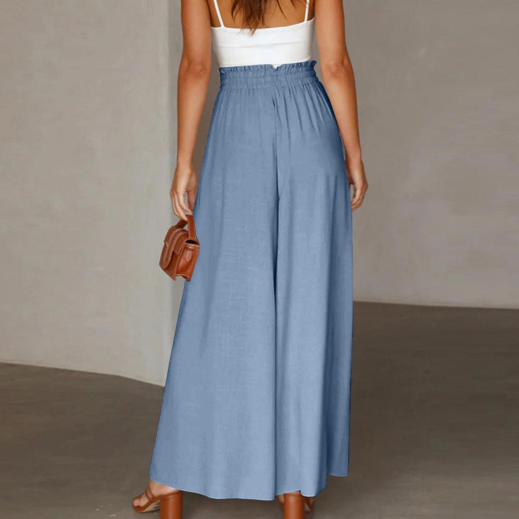 Women's Color Trousers Elastic Belt Wide Leg High Waist Long Culottes