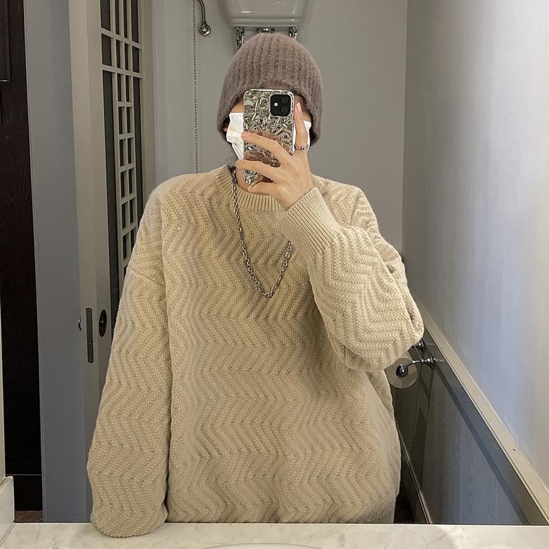 Oversized Wavy Knit Crewneck Sweater - Soft Loose-Fit Long Sleeve Pullover