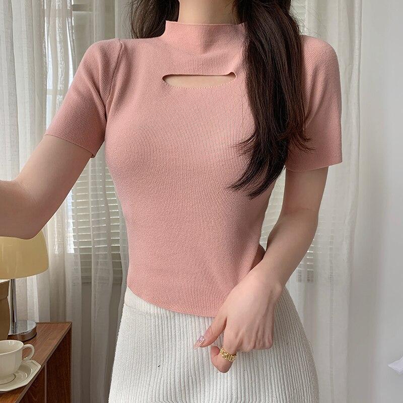 Jednobarevné Pletené Halenky Topy Jaro Léto Móda Ženy Košile Krátký rukáv Tenké Ležérní Halenky do kanceláře Oblečení Blusas 25248