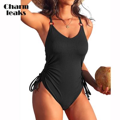 Costumi da bagno interi a coste da donna regolabili con laccetti laterali controllo pancia costumi da bagno monokini imbottiti a taglio alto