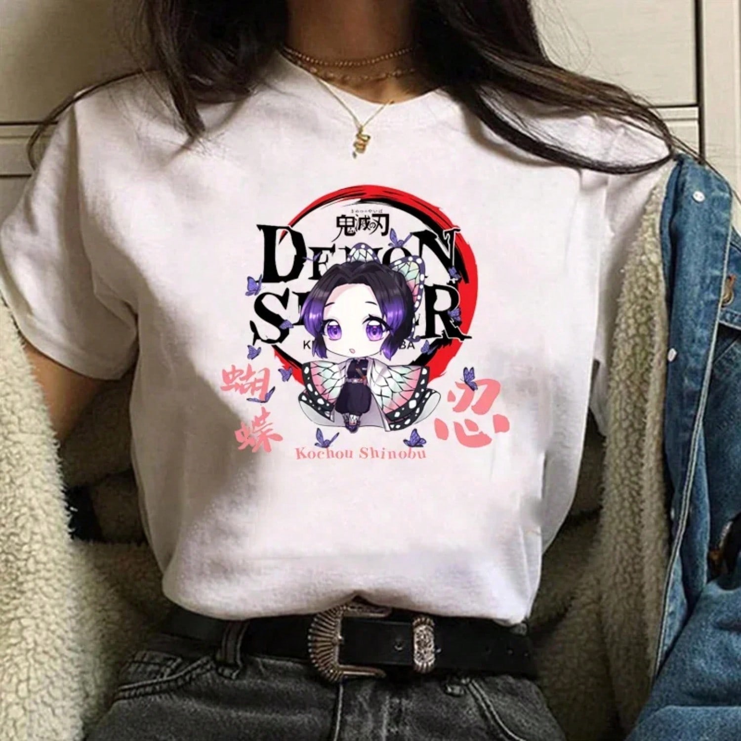 New unisex s Cute Kochou Shinobu Graphic Printed T-Shirt Anime Harajuku Kochou Shinobu Casual T-Shirt Top S разноцветный