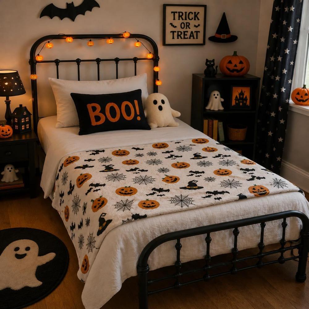 Soft Office Nap Blanket Bat Ghost Print Sofa Throw Blanket Cozy Halloween Flannel Blanket Bed Room