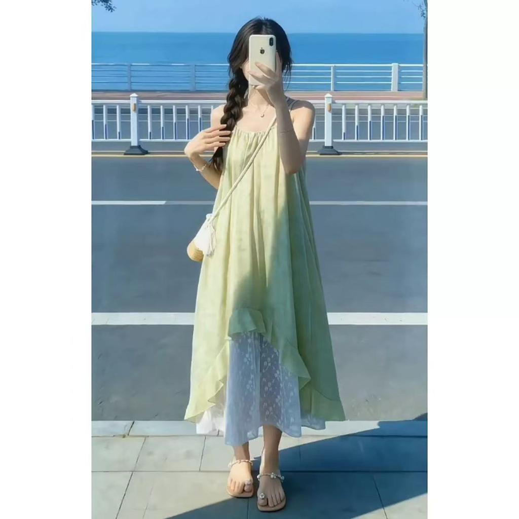 French sweet 2026 print summer splicing new seaside suspender holiday temperament irregular dress skirt