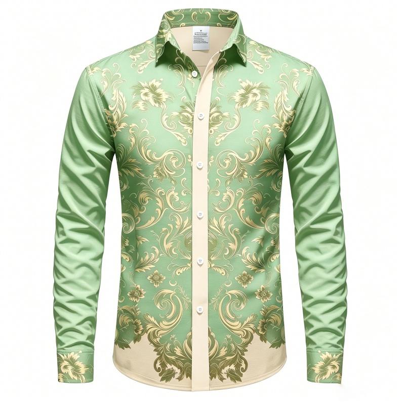 2026 Men's Shirt Long Sleeved Shirt Navy Blue Retro Vine Print Contrasting Shirt Casual Vacation Light Luxury Trendy Top