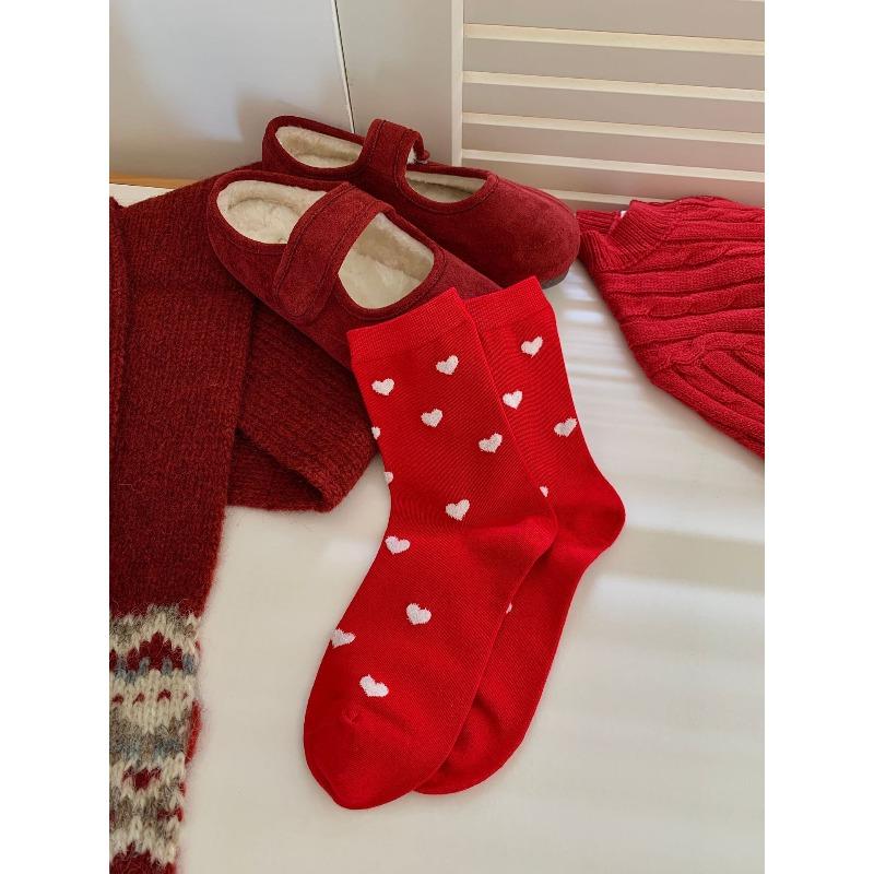 Good Luck In The New Year with Red Dui Dui Socks, Fabric Label, Button Accessories, Women's Pure Cotton Double Lace, Bow
