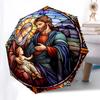 1pc Stained Glass Nativity Scene with Automatic Opening Umbrella, Portable Tri-Fold Design, 8-Bone Iron Frame Outdoor Umbrella, Perfect Gift for Fans,