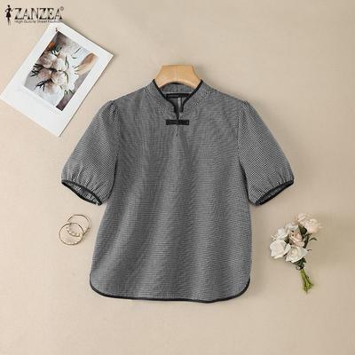 Women Casual Stand Collar Short Sleeve Grid Print Blouse