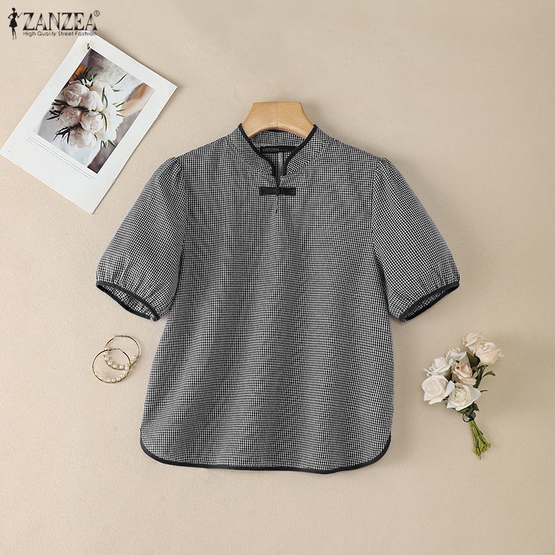ZANZEA Women Casual Stand Collar Short Sleeve Grid Print Blouse
