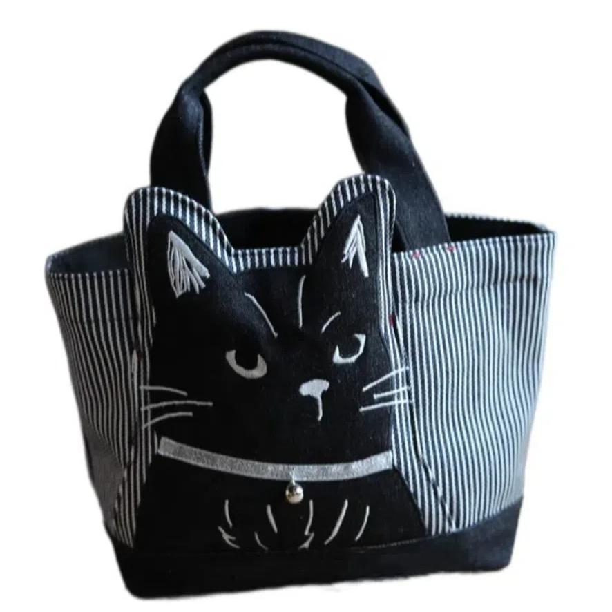 Large Capacity Top-Handle Tutoring Bag Cartoon Canvas School Bag Cat Tote Handbags  Students
