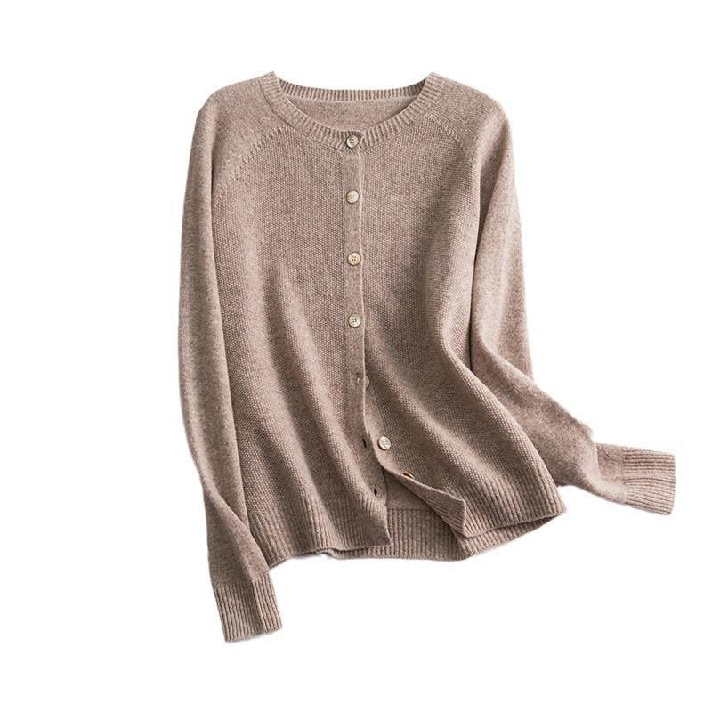 0 Wollstrickjacke Damen Rundhalsausschnitt nahtlos gestrickte Jacke lockerer Rückstrickpullover mit dünnen Herbst-Neuheiten