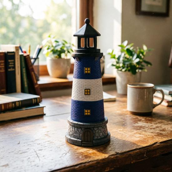 Lighthouse Ornaments Solar Powered with Rotating Light Effect Ornament Waterproof Resin Garden Decor for Lawn Patio Balcony