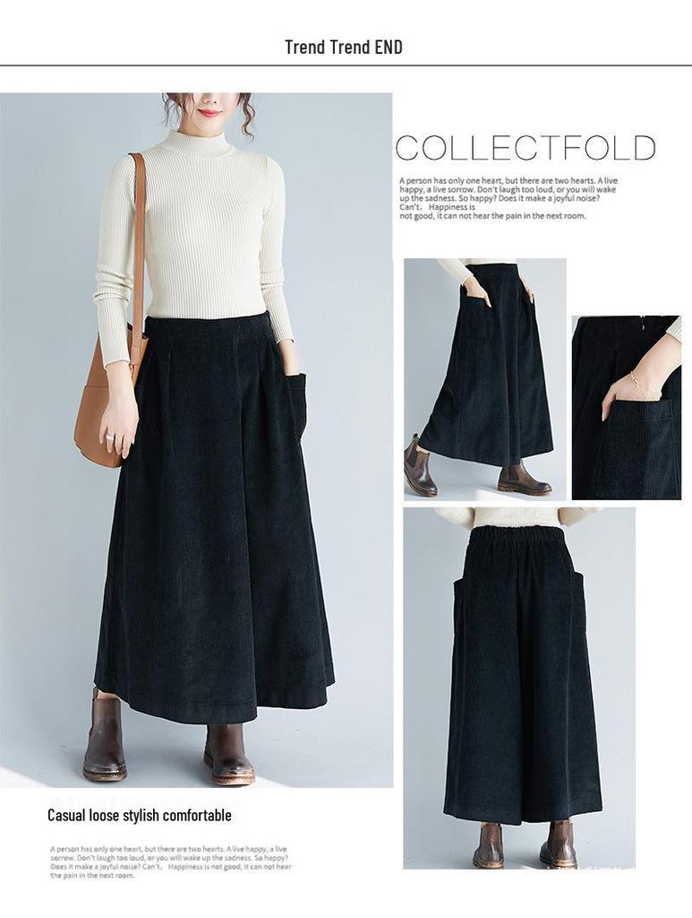 2025 Autumn/Winter Women's Corduroy Elastic Waist Wide-Leg Pants Skirt