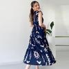 2024 Summer V-Neck Sleeveless Women's Waist-Tie Print Long Dress