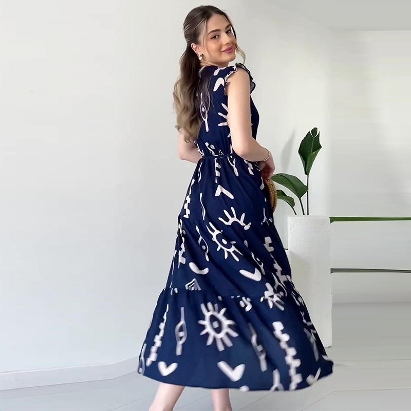 2024 Summer V-Neck Sleeveless Women's Waist-Tie Print Long Dress
