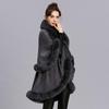 Winter Dicke Schwarz Grau Große Faux Kaninchen Fell Hals Schal Cape Warme Lange 2 Schichten Strickjacke Poncho Frauen Lose heraus Streetwear Mantel