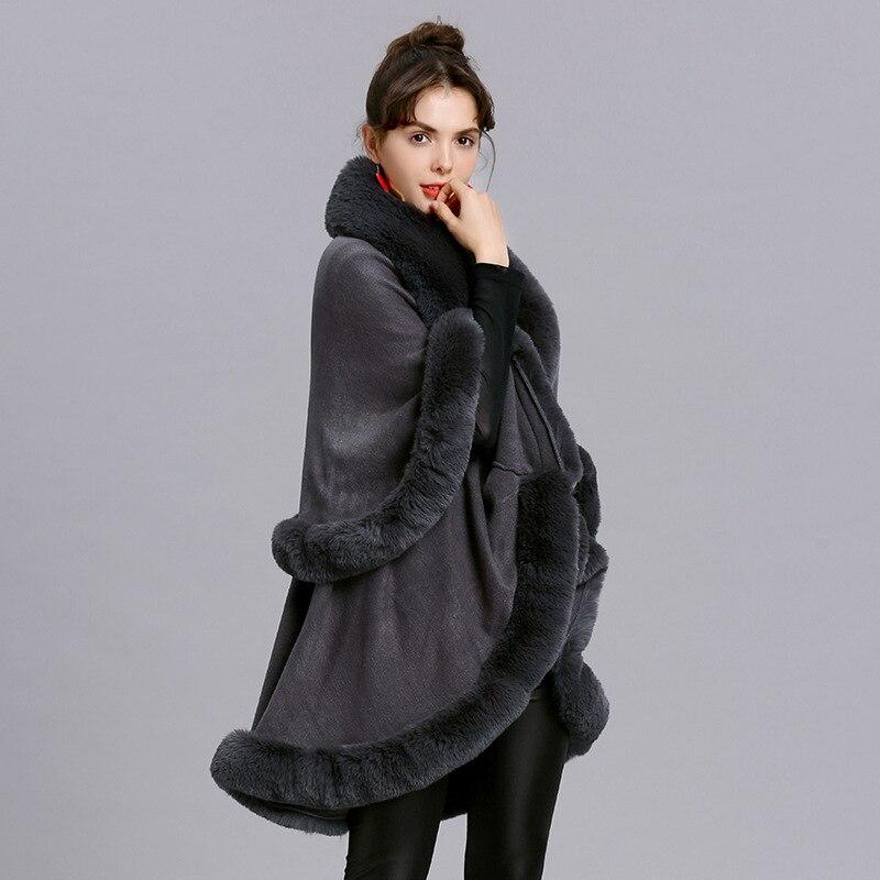Winter Dicke Schwarz Grau Große Faux Kaninchen Fell Hals Schal Cape Warme Lange 2 Schichten Strickjacke Poncho Frauen Lose heraus Streetwear Mantel