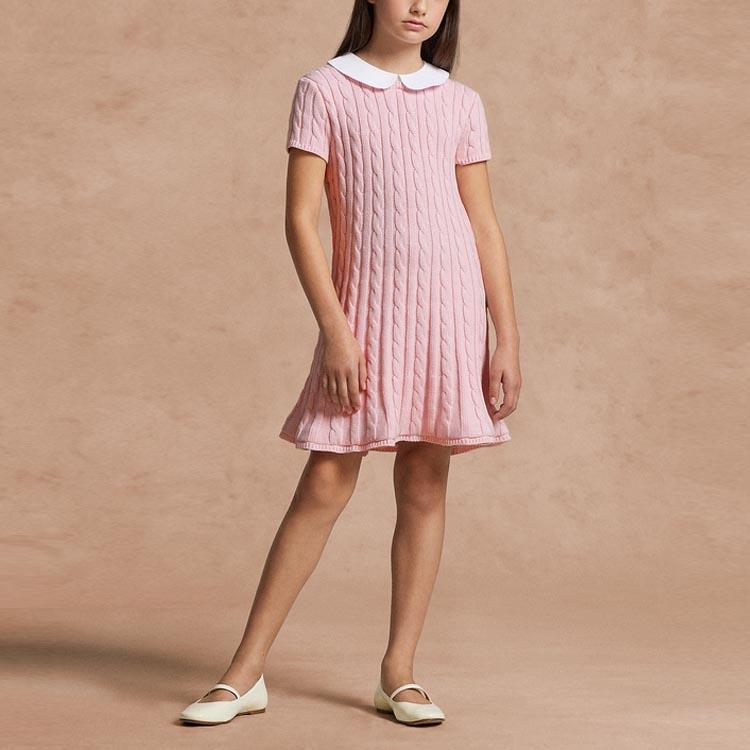 Polo Ralph Lauren Kids Dress FW23 Solid Cable Knit Short Sleeve Kids Dresses Pink CWPODRSG3D20670-650