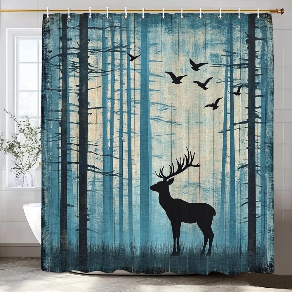 1Pc Forest Animal Deer Shower Curtain, Bathroom Decorative Shower Curtain, Printed Polyester Fabric Shower Curtain With Hooks